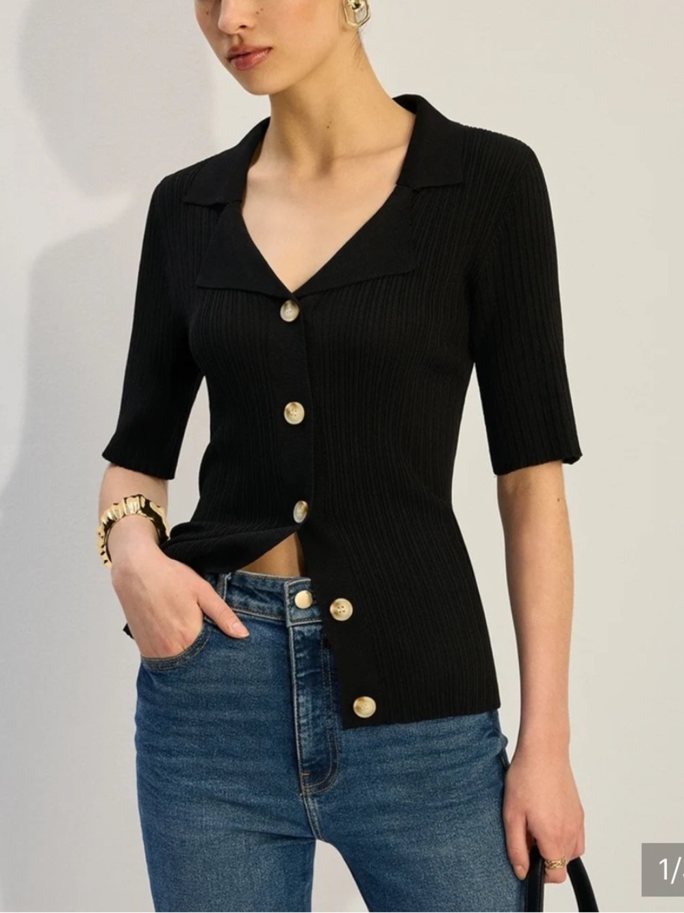 Commense Black Ribbed Short-Sleeve Notch-Collar Button Shirt